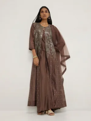 Vark Brown Cotton-Blend Kurta, Inner, Palazzos and Dupatta