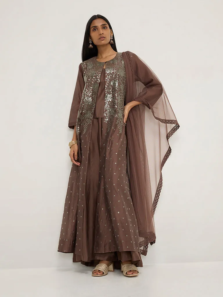 Vark Brown Cotton-Blend Kurta, Inner, Palazzos and Dupatta