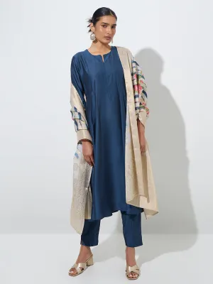 Vark Teal Fit-and-Flare Kurta, Pants and Floral Dupatta Set