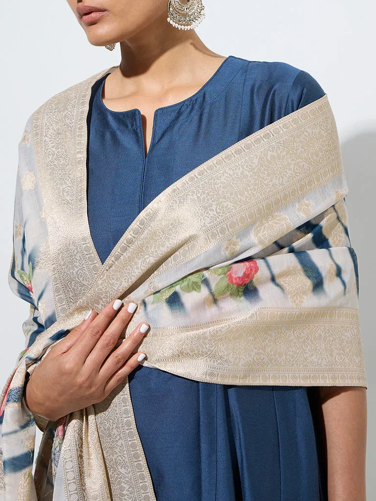 Vark Teal Fit-and-Flare Kurta, Pants and Floral Dupatta Set