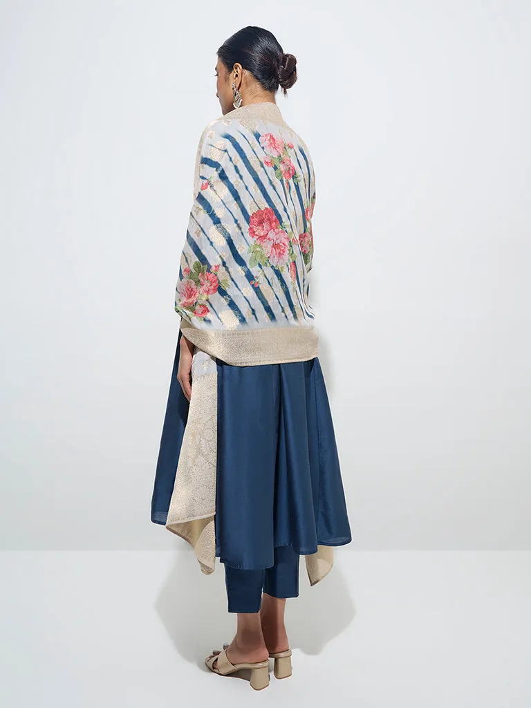 Vark Teal Fit-and-Flare Kurta, Pants and Floral Dupatta Set