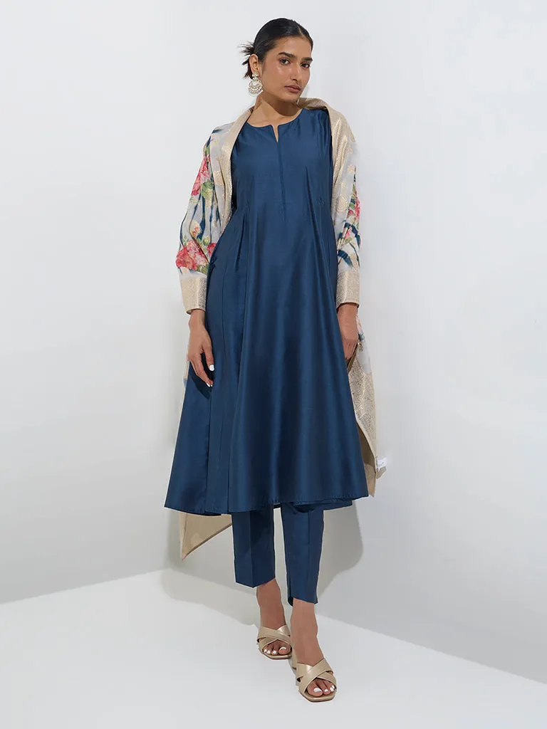 Vark Teal Fit-and-Flare Kurta, Pants and Floral Dupatta Set