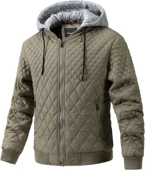 Varsity Jacket Men Diamond Quilted Jackets Winter Warm Padded Cotton Coat Outdoor Casual Zip Up Outerwear with Removable Hood