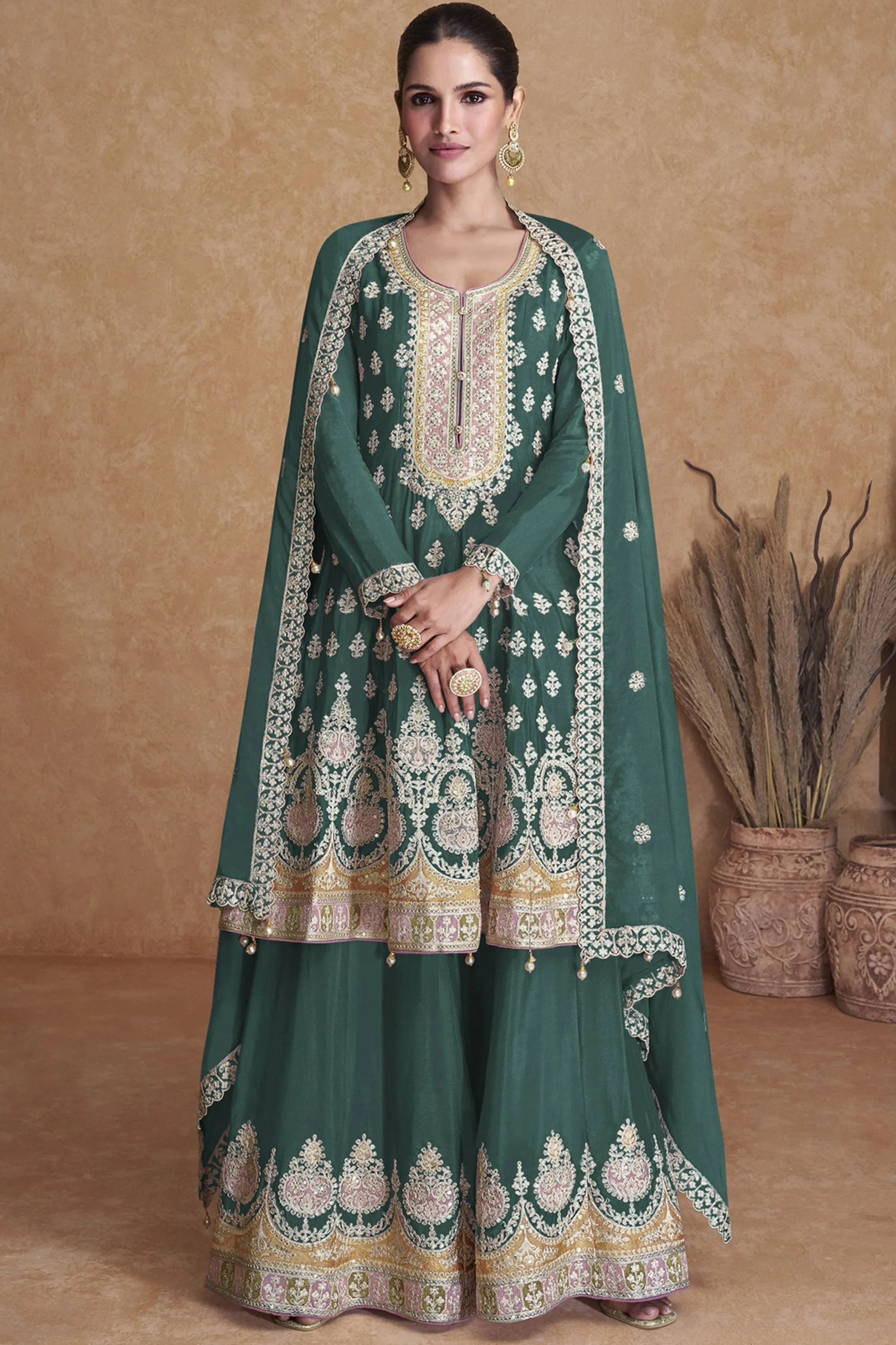Vartika Singh Dazzling Georgette Fabric Green Color Palazzo Suit