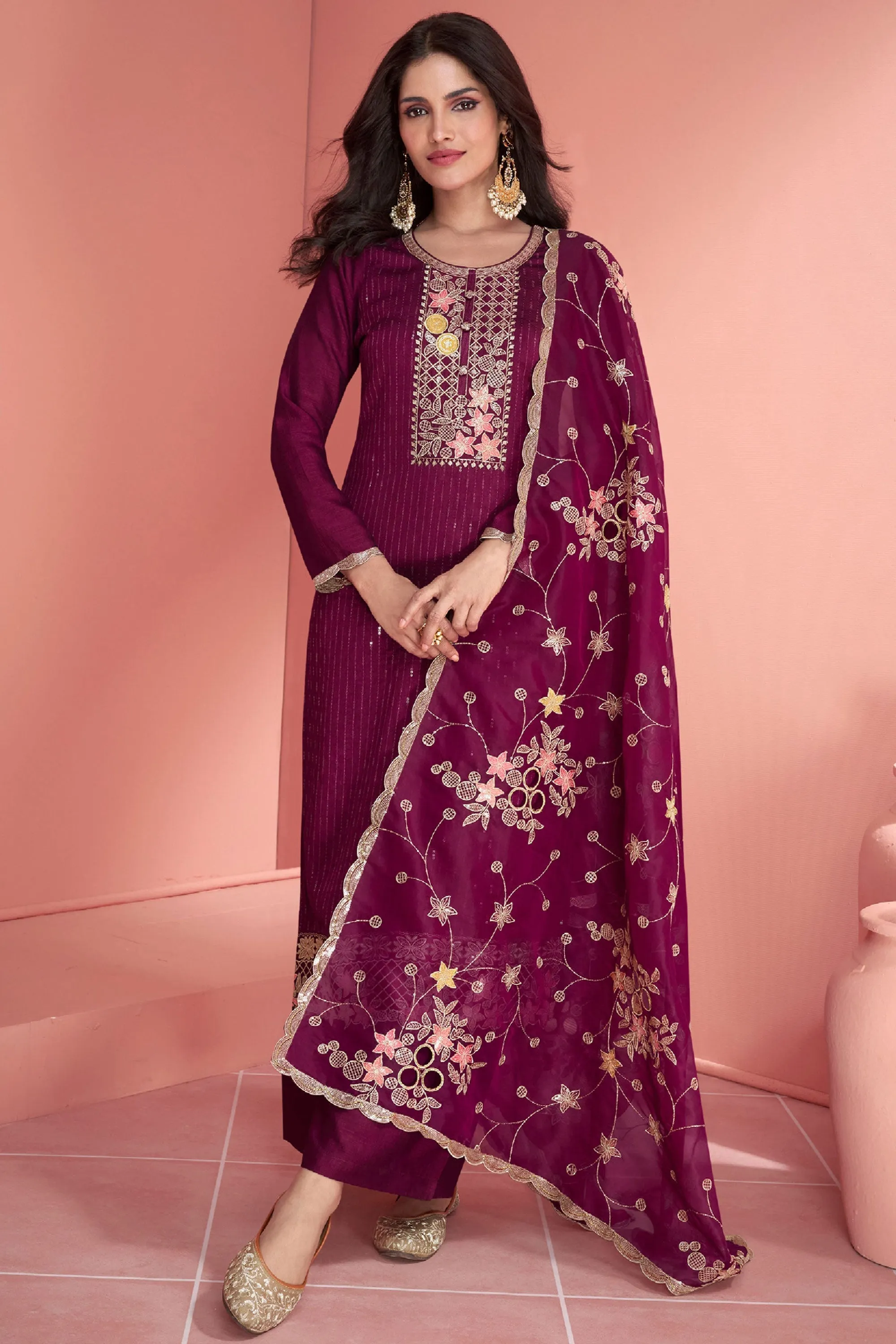 Vartika Singh Wine Color Art Silk Fabric Ravishing Function Wear Palazzo Suit