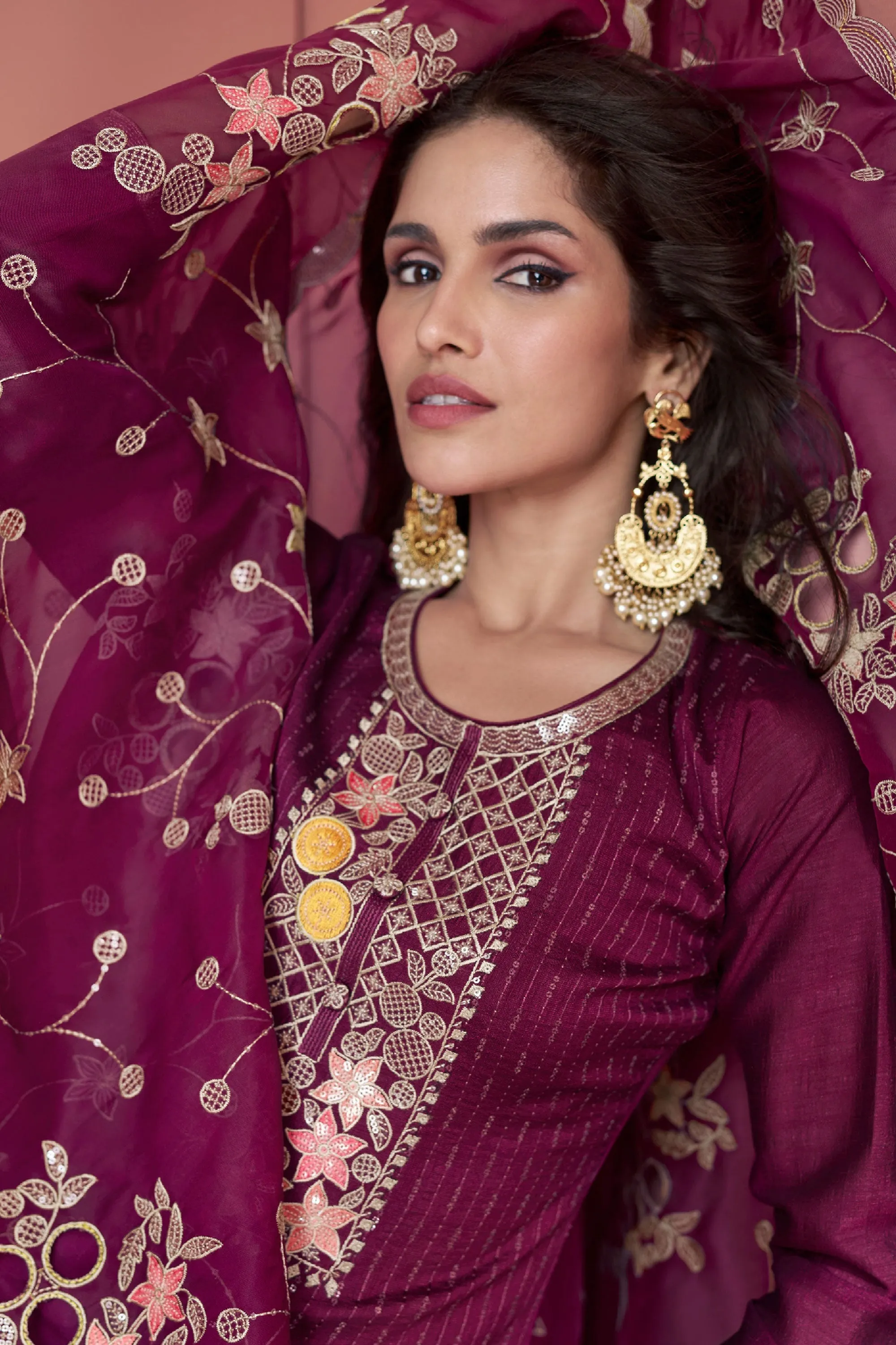 Vartika Singh Wine Color Art Silk Fabric Ravishing Function Wear Palazzo Suit