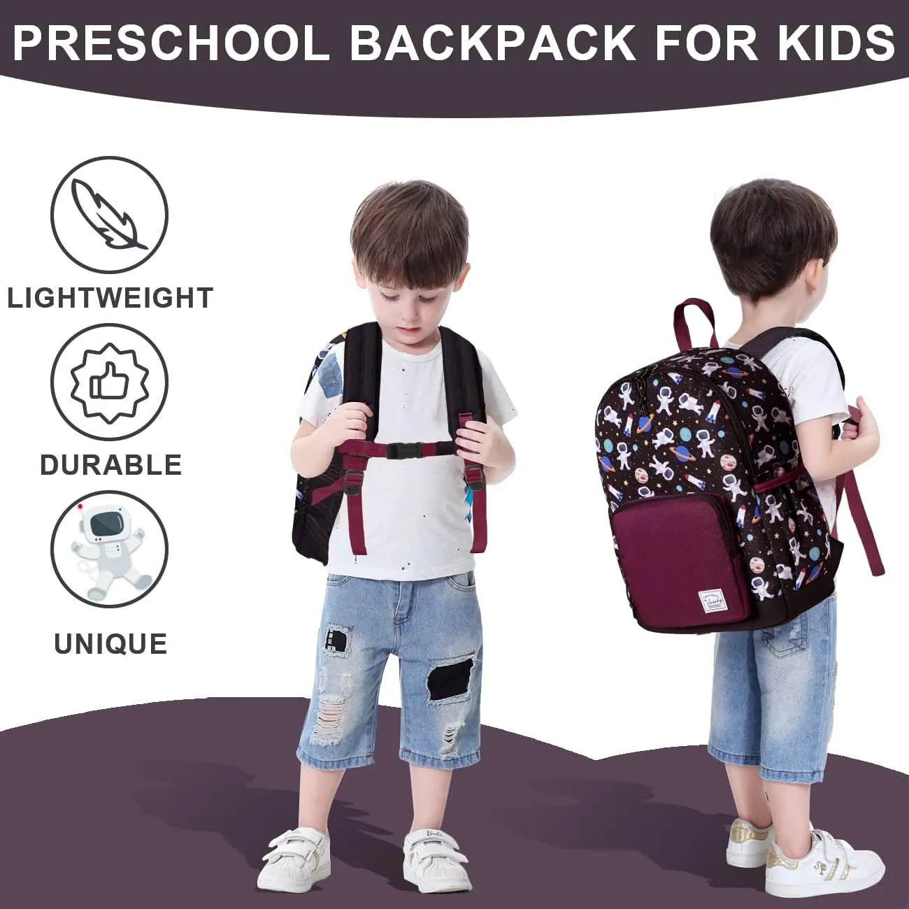 VASCHY Kids backpacks, Cute Lightweight Water Resistant Preschool Backpack for Boys and Girls Chest Strap