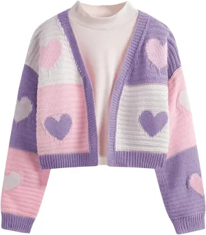 Verdusa Girl's Cute Heart Knitted Sweaters Open Front Long Sleeve Graphic Cardigan Sweater