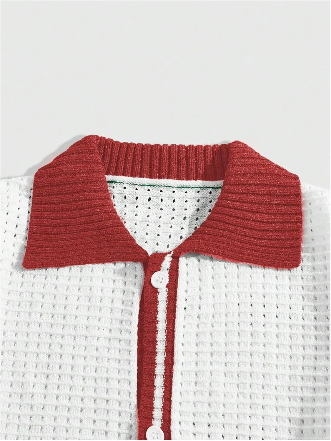 Verdusa Men's Fall Pullover Sweaters Contrast Binding Collar Colorblock Short Sleeve Button Down Shirt Knit Top