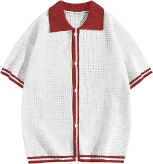 Verdusa Men's Fall Pullover Sweaters Contrast Binding Collar Colorblock Short Sleeve Button Down Shirt Knit Top