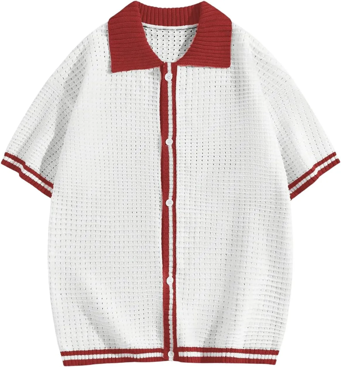 Verdusa Men's Fall Pullover Sweaters Contrast Binding Collar Colorblock Short Sleeve Button Down Shirt Knit Top