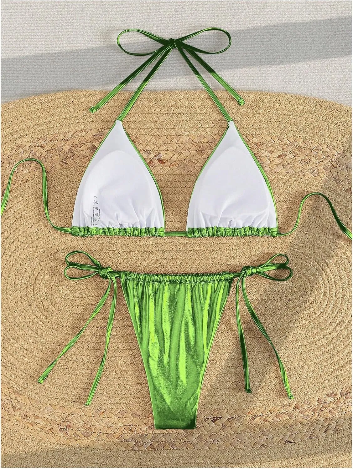 Verdusa Women's 2 Piece Bathing Suit Glitter Triangle Top Tie Side Thong Bikini Swimsuits