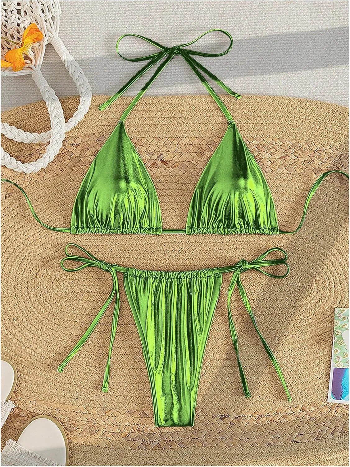 Verdusa Women's 2 Piece Bathing Suit Glitter Triangle Top Tie Side Thong Bikini Swimsuits