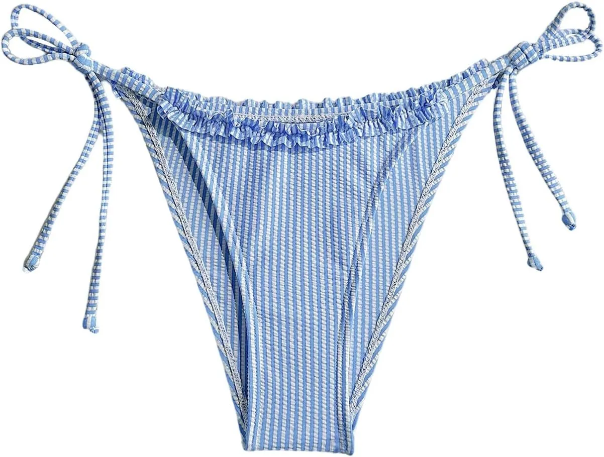 Verdusa Women's Striped Ruffle Cheeky Bikini Bottoms Tie Side High Cut Swimsuit Bottom