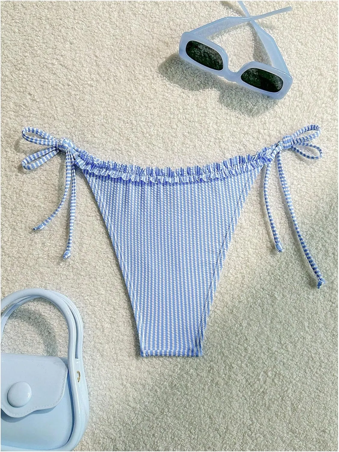 Verdusa Women's Striped Ruffle Cheeky Bikini Bottoms Tie Side High Cut Swimsuit Bottom