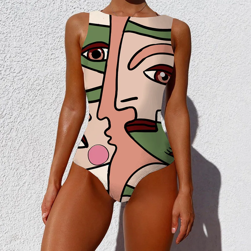 Vintage Abstract Print Sleeveless Round Neck One Piece Swimsuit