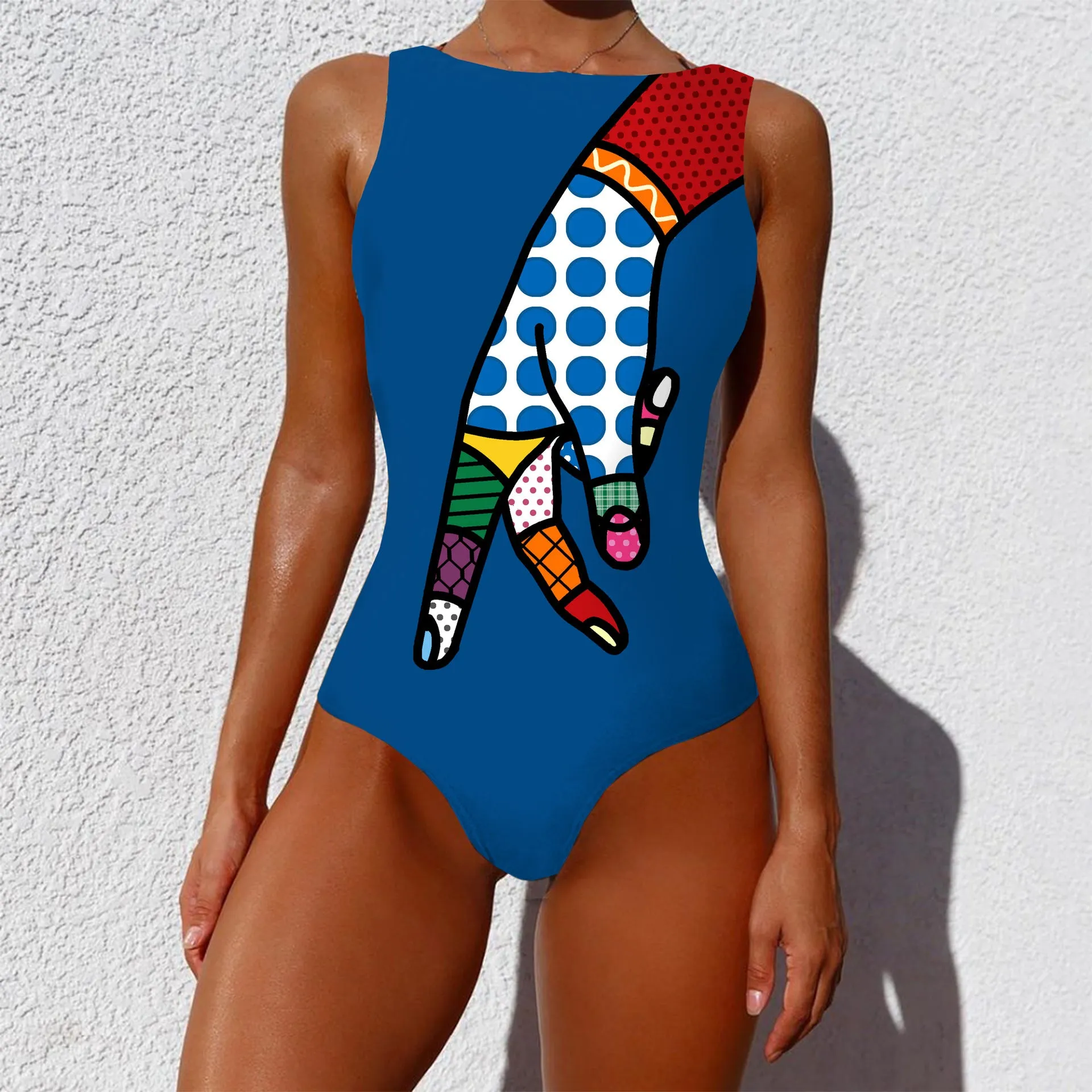 Vintage Abstract Print Sleeveless Round Neck One Piece Swimsuit