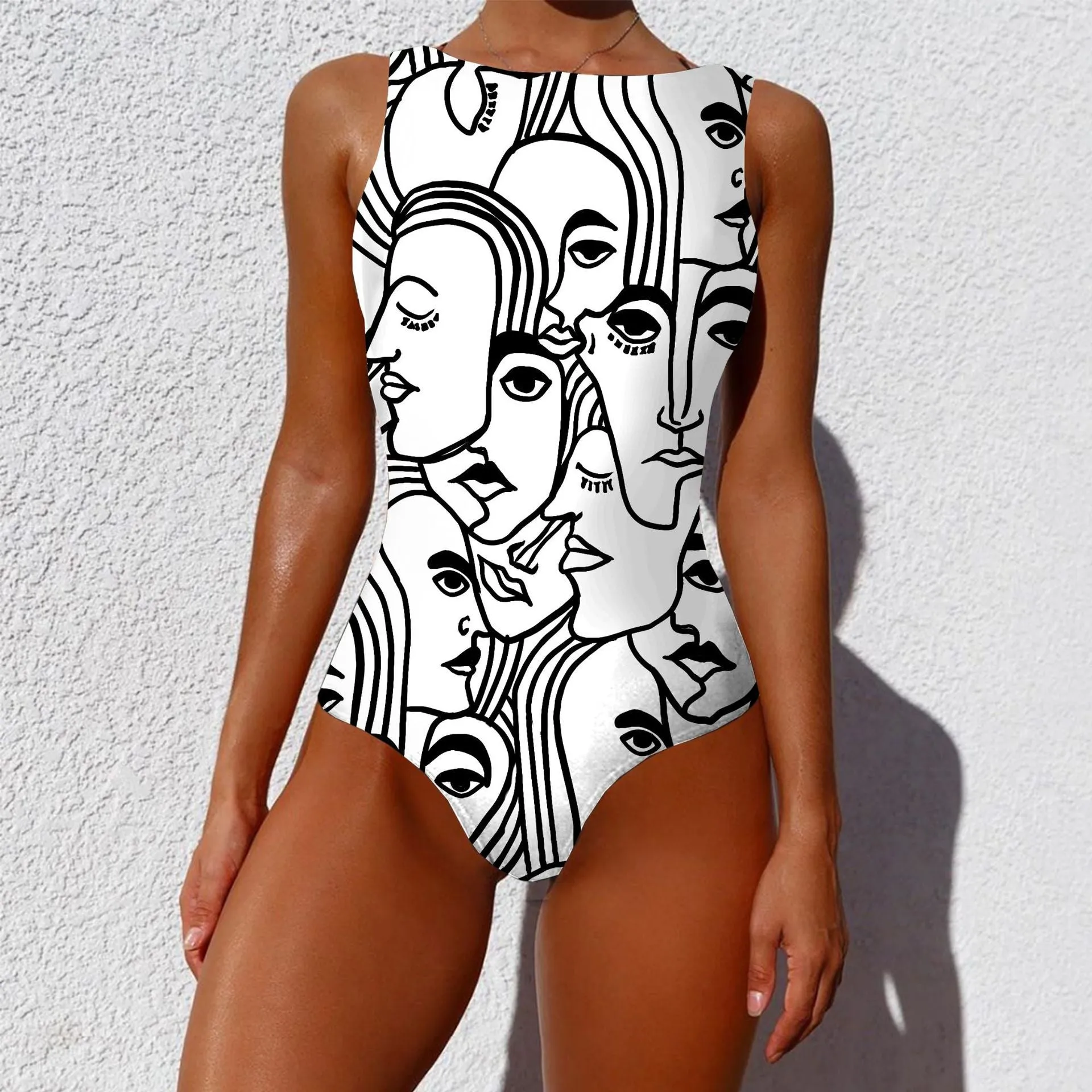 Vintage Abstract Print Sleeveless Round Neck One Piece Swimsuit