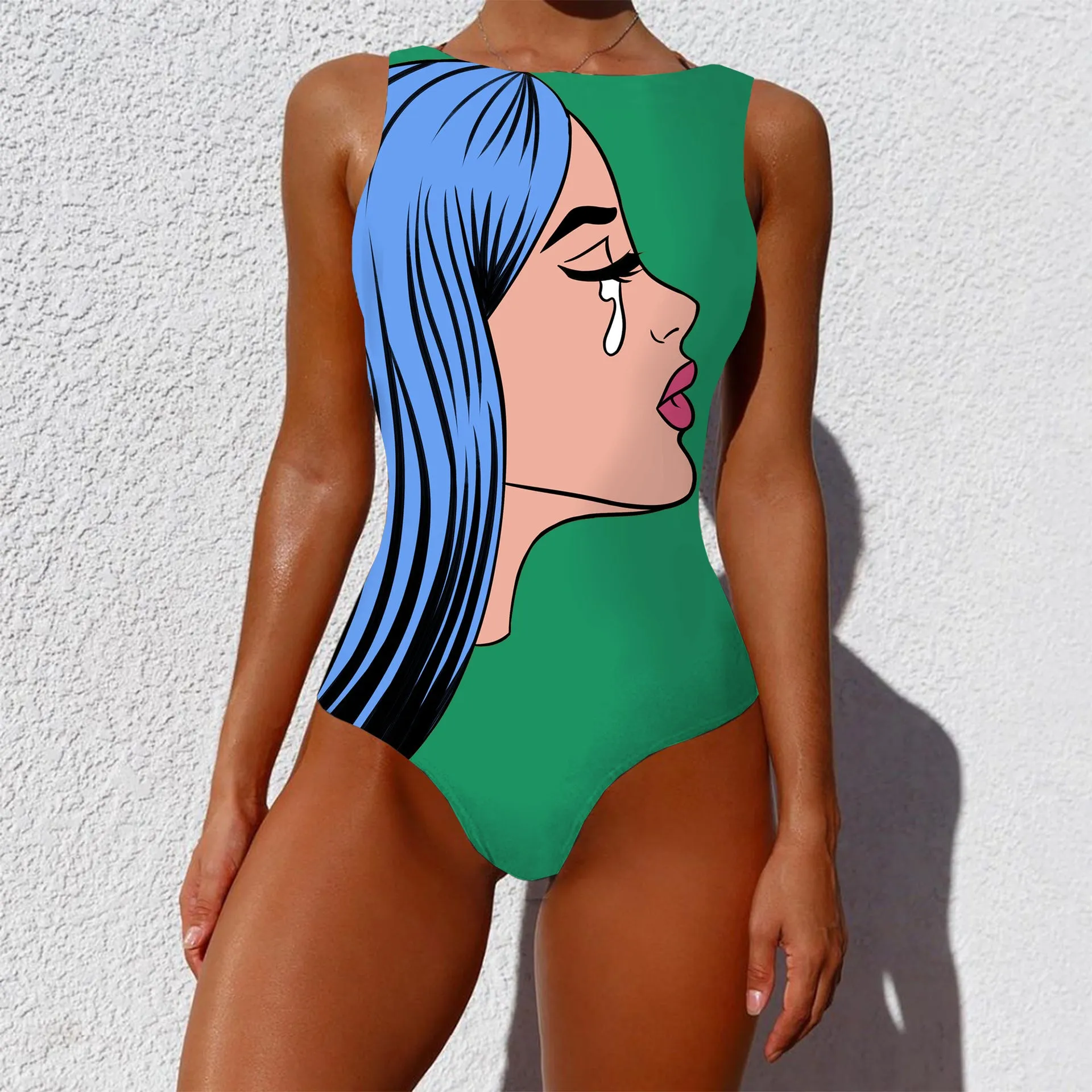 Vintage Abstract Print Sleeveless Round Neck One Piece Swimsuit