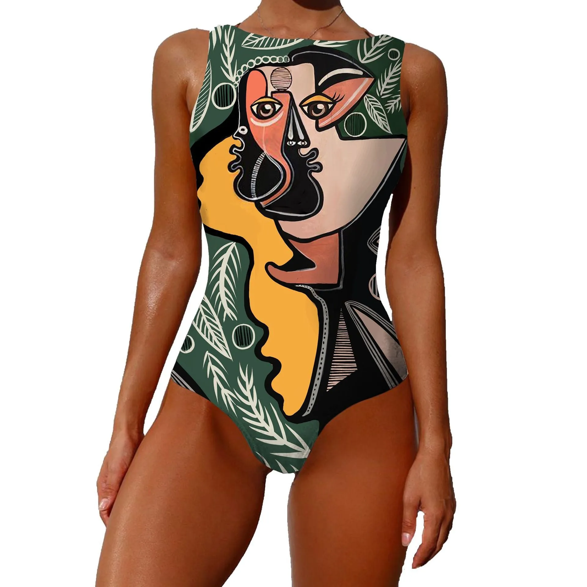 Vintage Abstract Print Sleeveless Round Neck One Piece Swimsuit