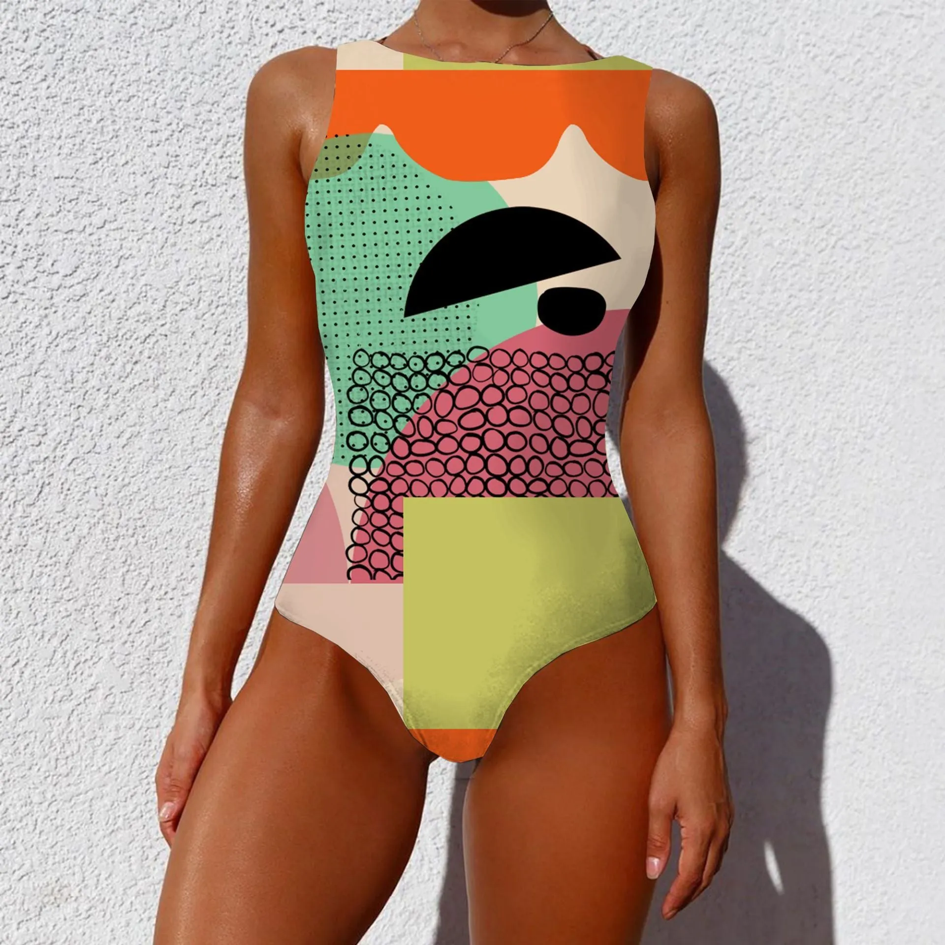 Vintage Abstract Print Sleeveless Round Neck One Piece Swimsuit