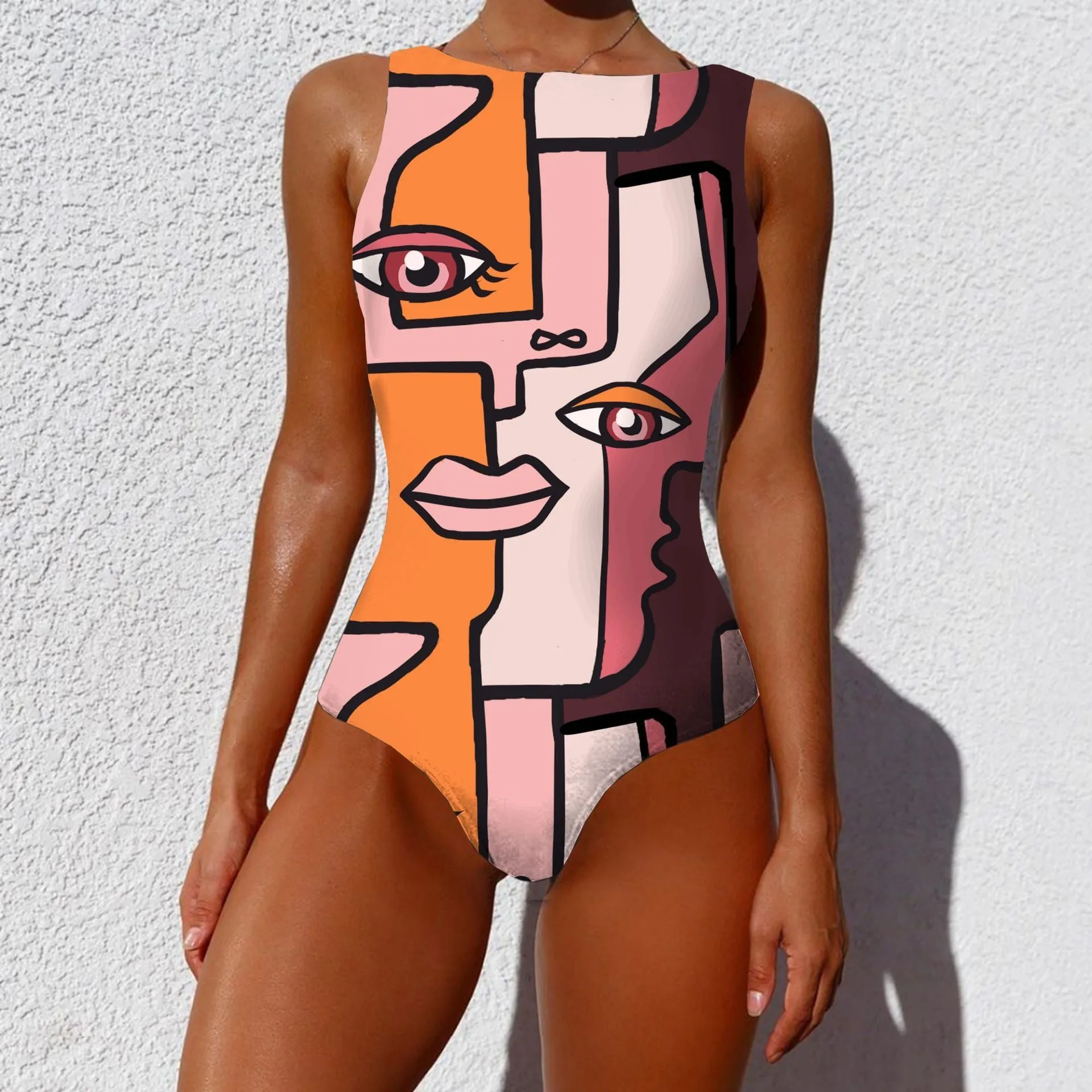Vintage Abstract Print Sleeveless Round Neck One Piece Swimsuit
