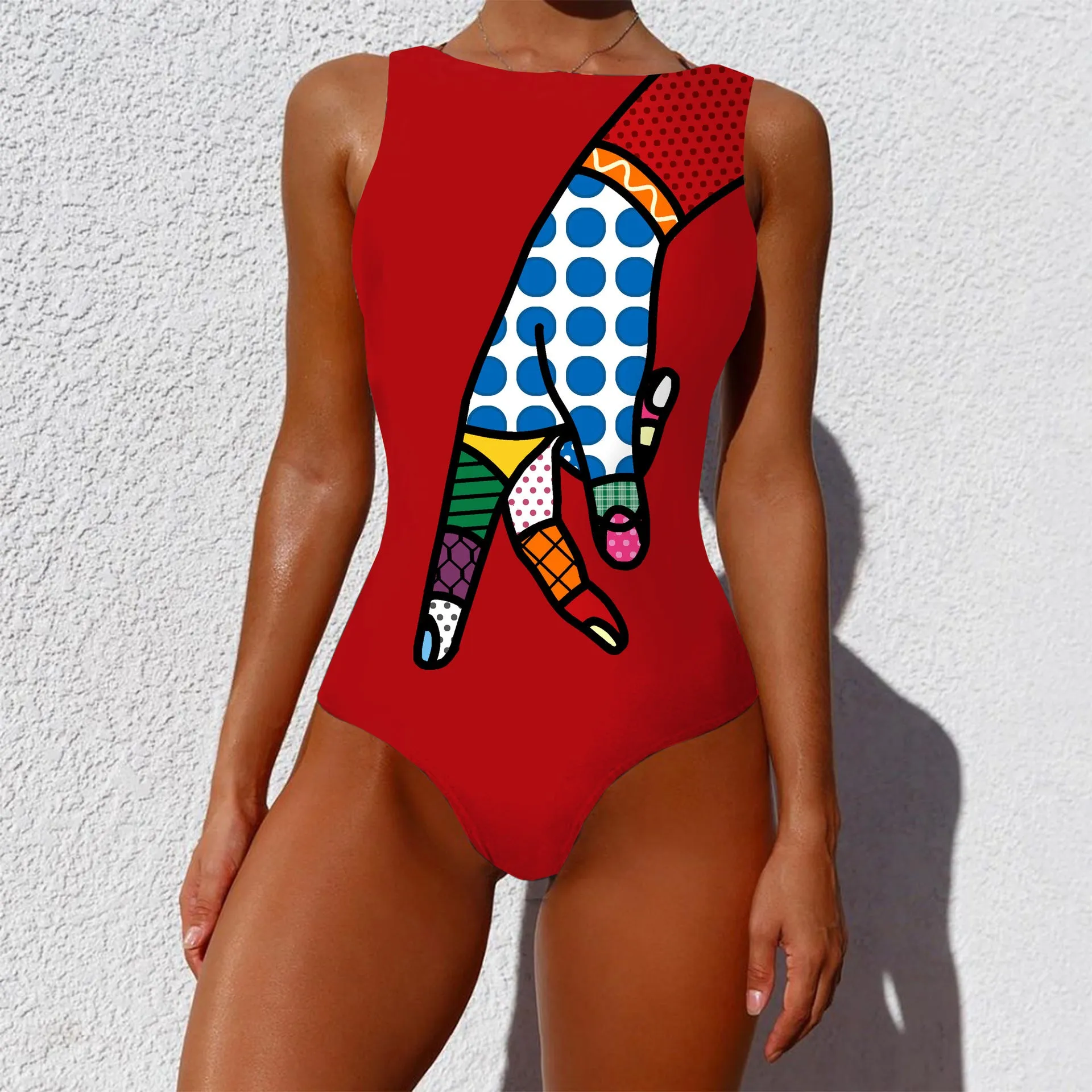 Vintage Abstract Print Sleeveless Round Neck One Piece Swimsuit