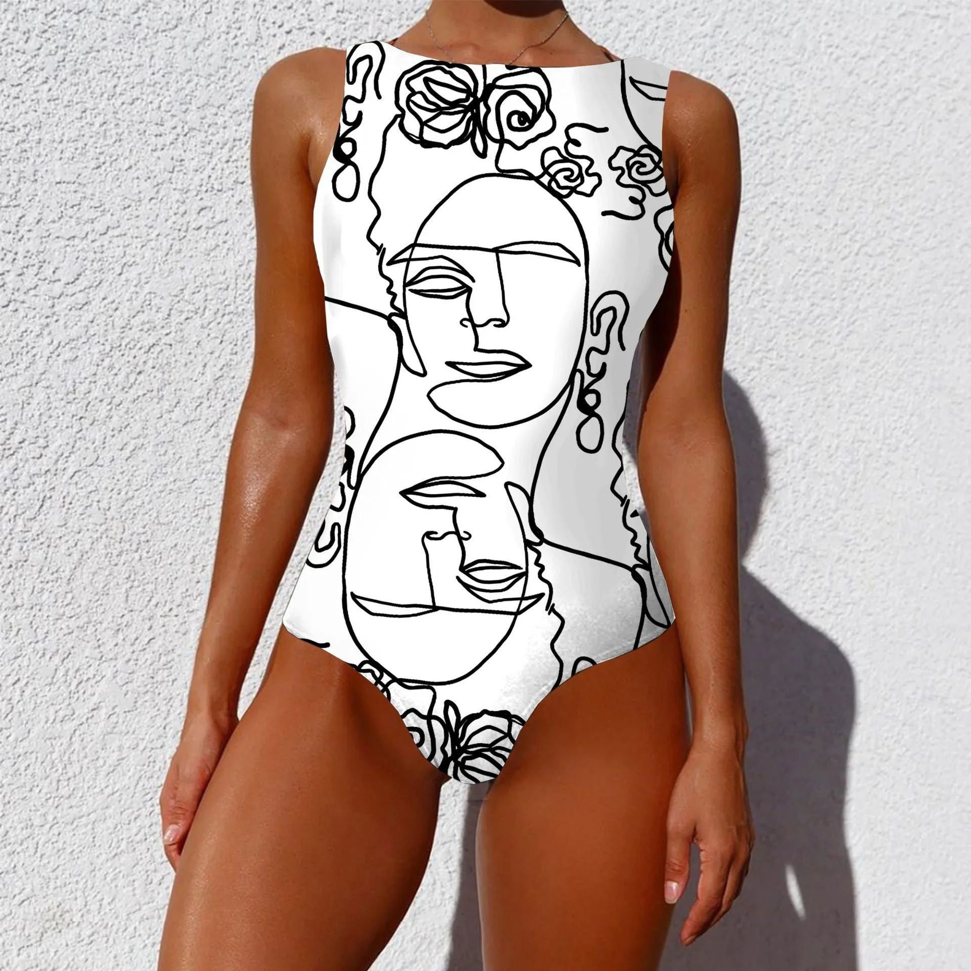 Vintage Abstract Print Sleeveless Round Neck One Piece Swimsuit