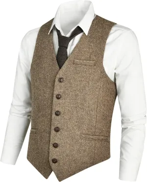 VOBOOM Men's Slim Fit Herringbone Tweed Suits Vest Premium Wool Blend Waistcoat