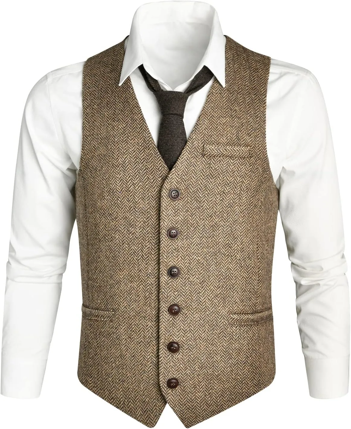 VOBOOM Men's Slim Fit Herringbone Tweed Suits Vest Premium Wool Blend Waistcoat