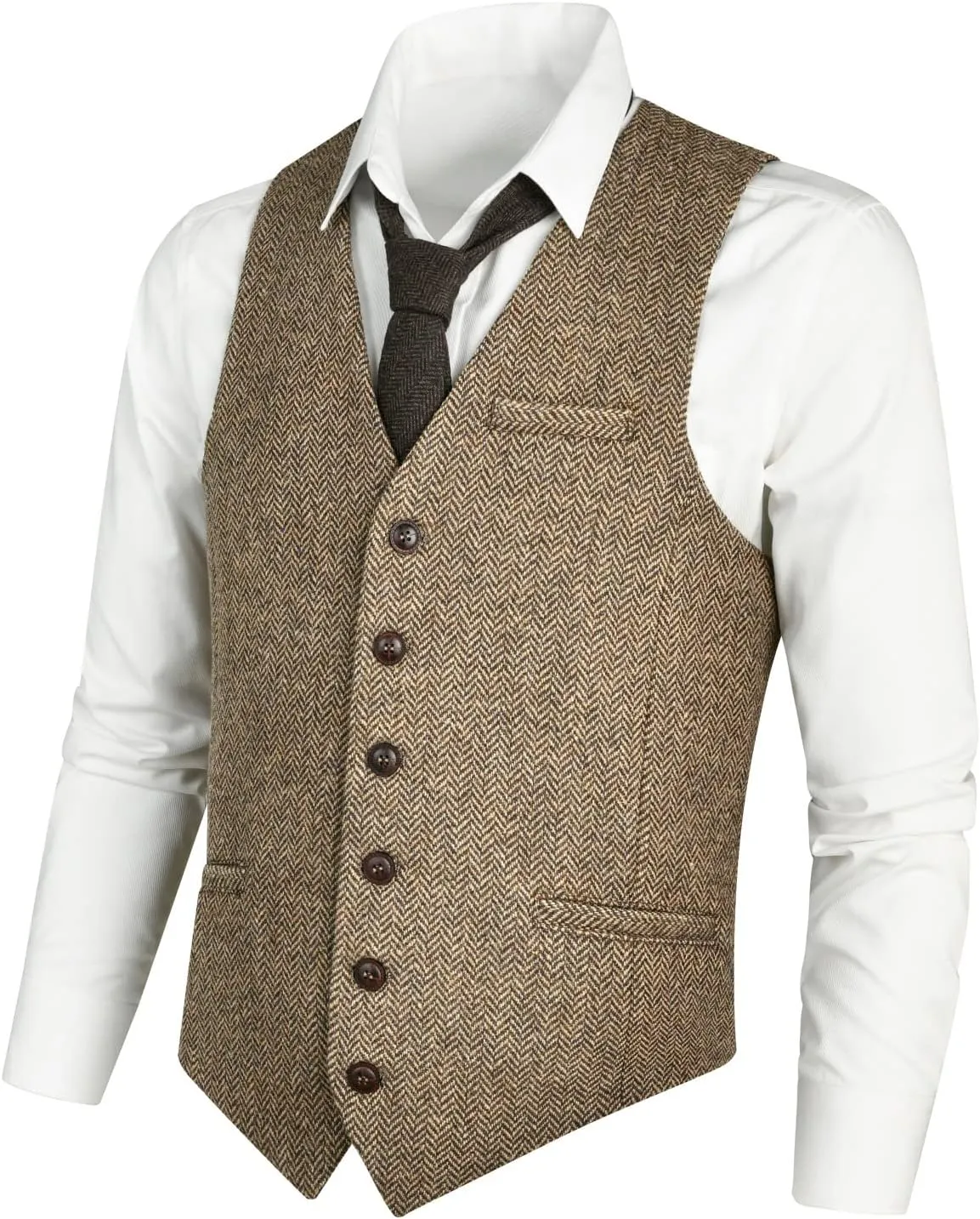 VOBOOM Men's Slim Fit Herringbone Tweed Suits Vest Premium Wool Blend Waistcoat