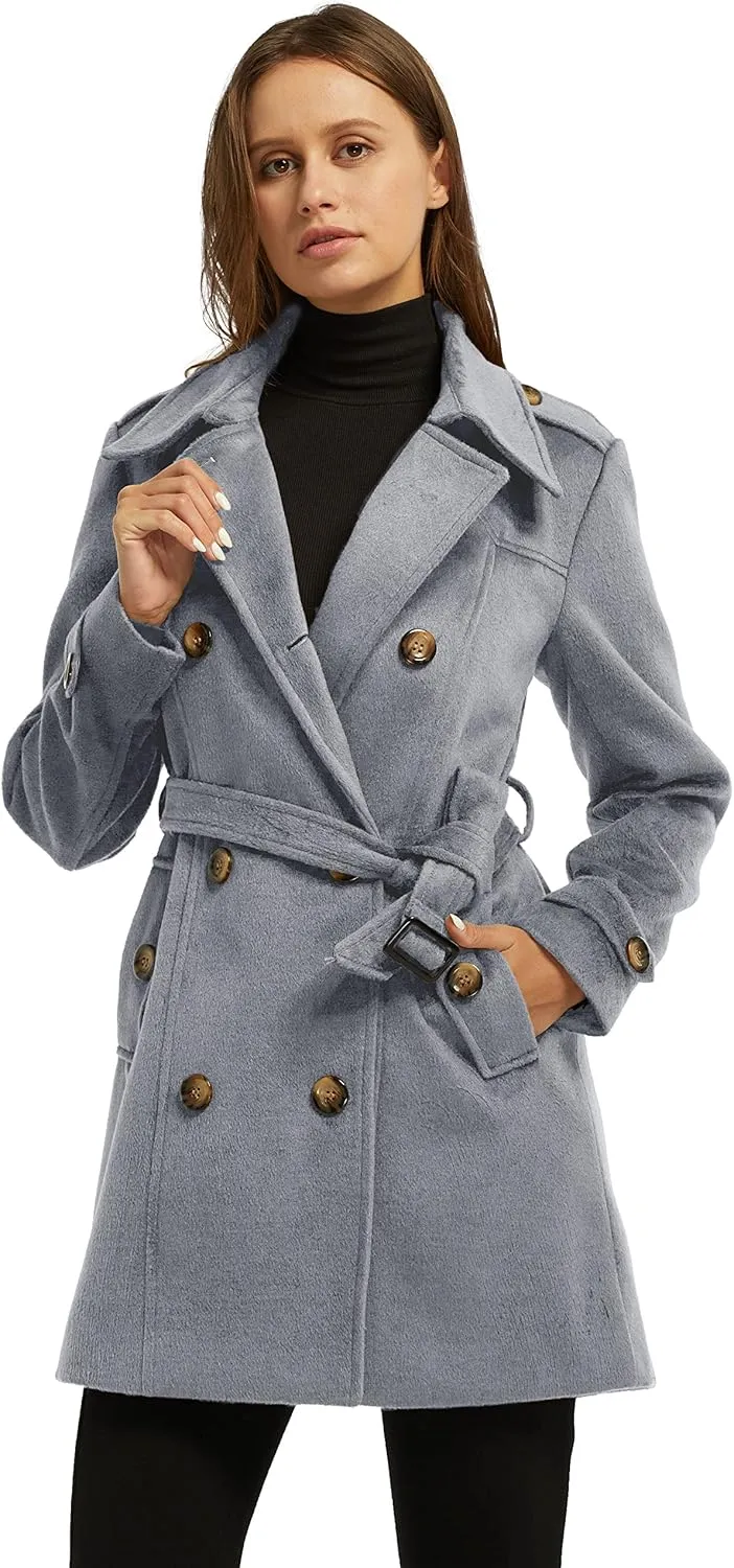 wantdo Women's Double Breasted Pea Coat Winter Mid-Long Trench Coat with Belt