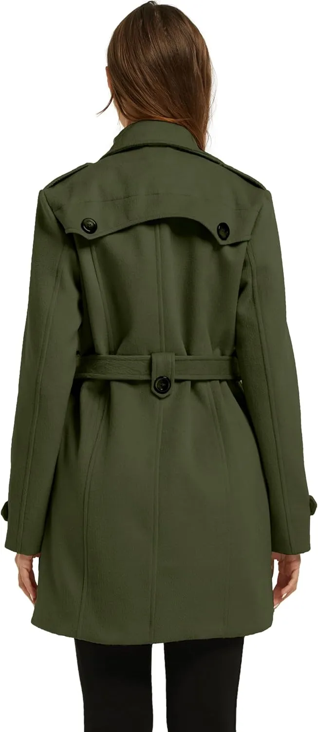 wantdo Women's Double Breasted Pea Coat Winter Mid-Long Trench Coat with Belt