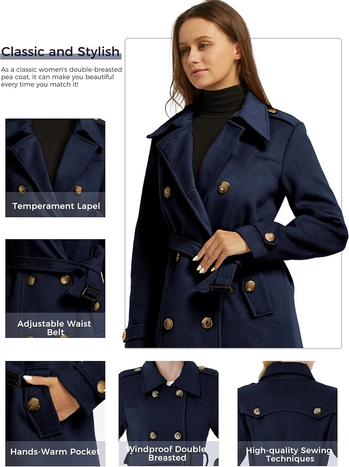 wantdo Women's Double Breasted Pea Coat Winter Mid-Long Trench Coat with Belt