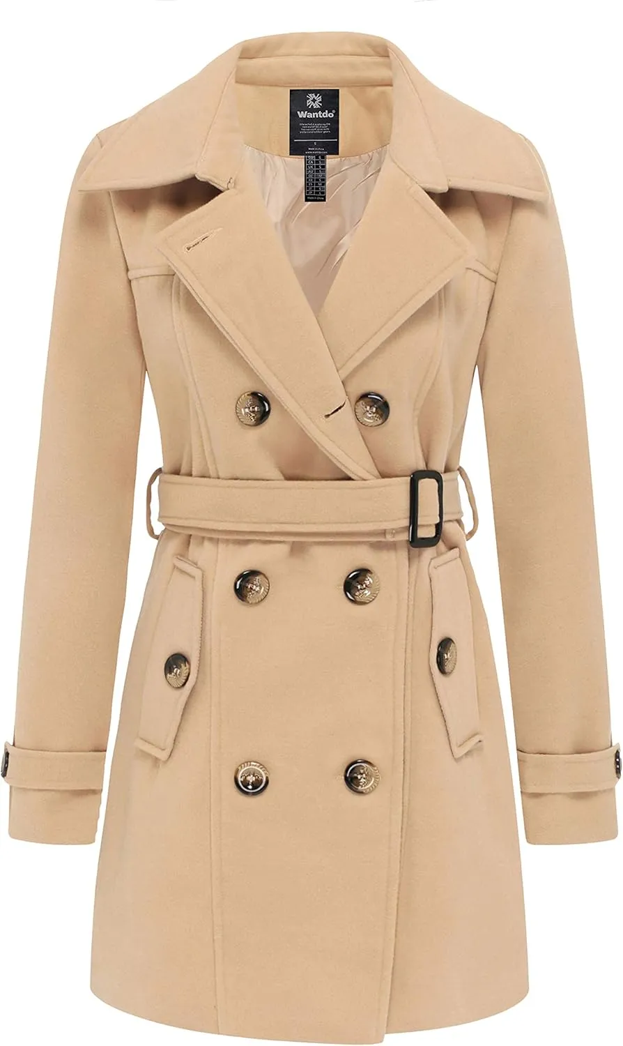 wantdo Women's Double Breasted Pea Coat Winter Mid-Long Trench Coat with Belt