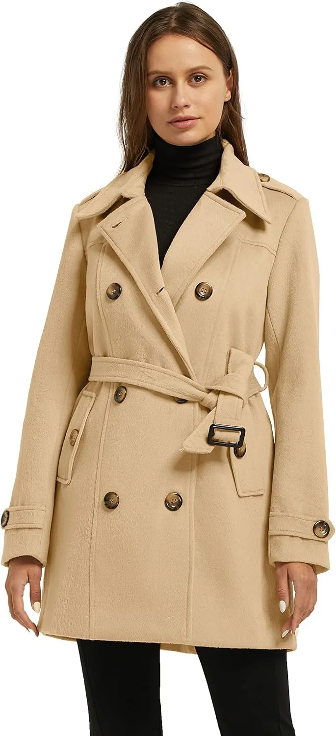 wantdo Women's Double Breasted Pea Coat Winter Mid-Long Trench Coat with Belt