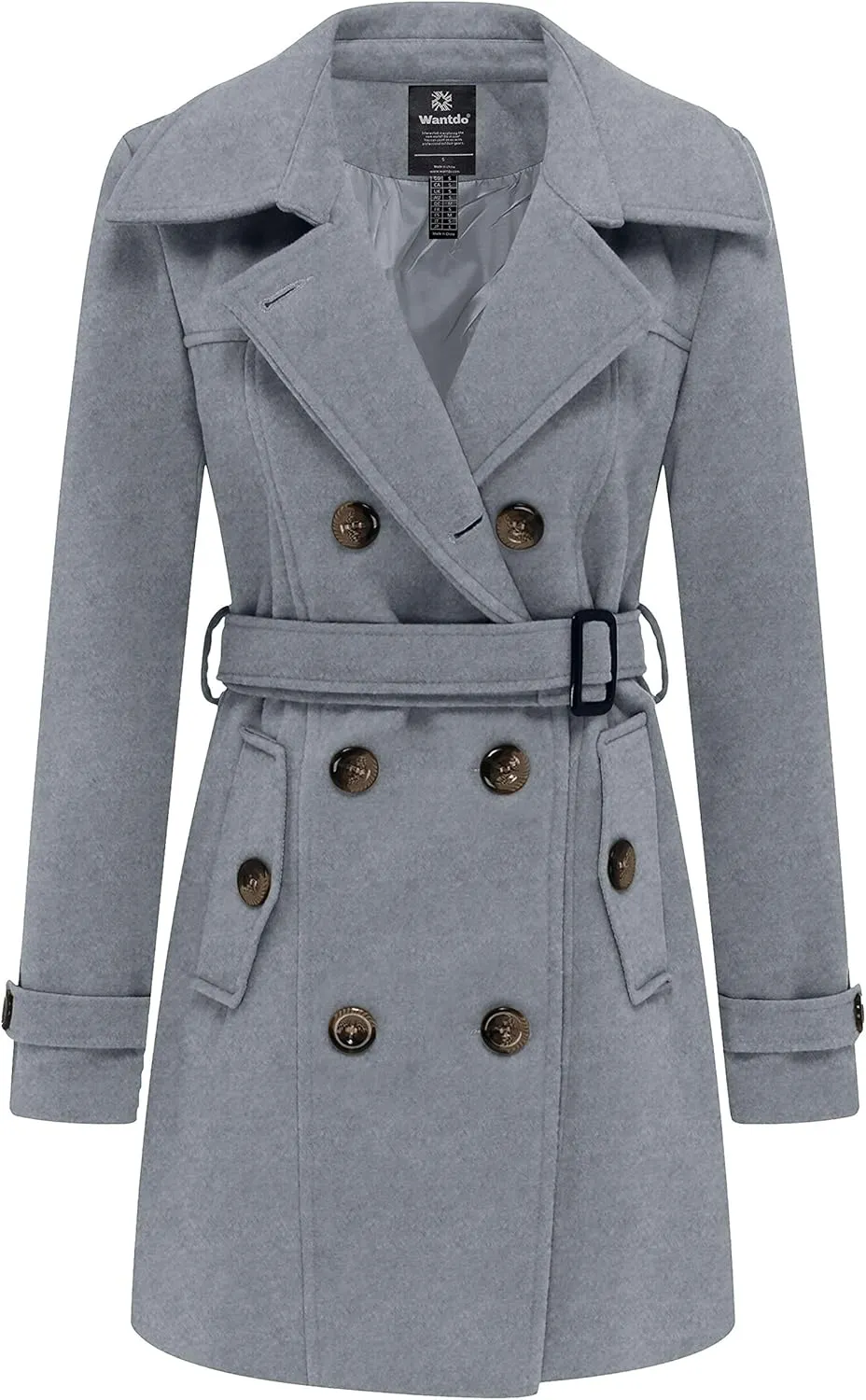 wantdo Women's Double Breasted Pea Coat Winter Mid-Long Trench Coat with Belt