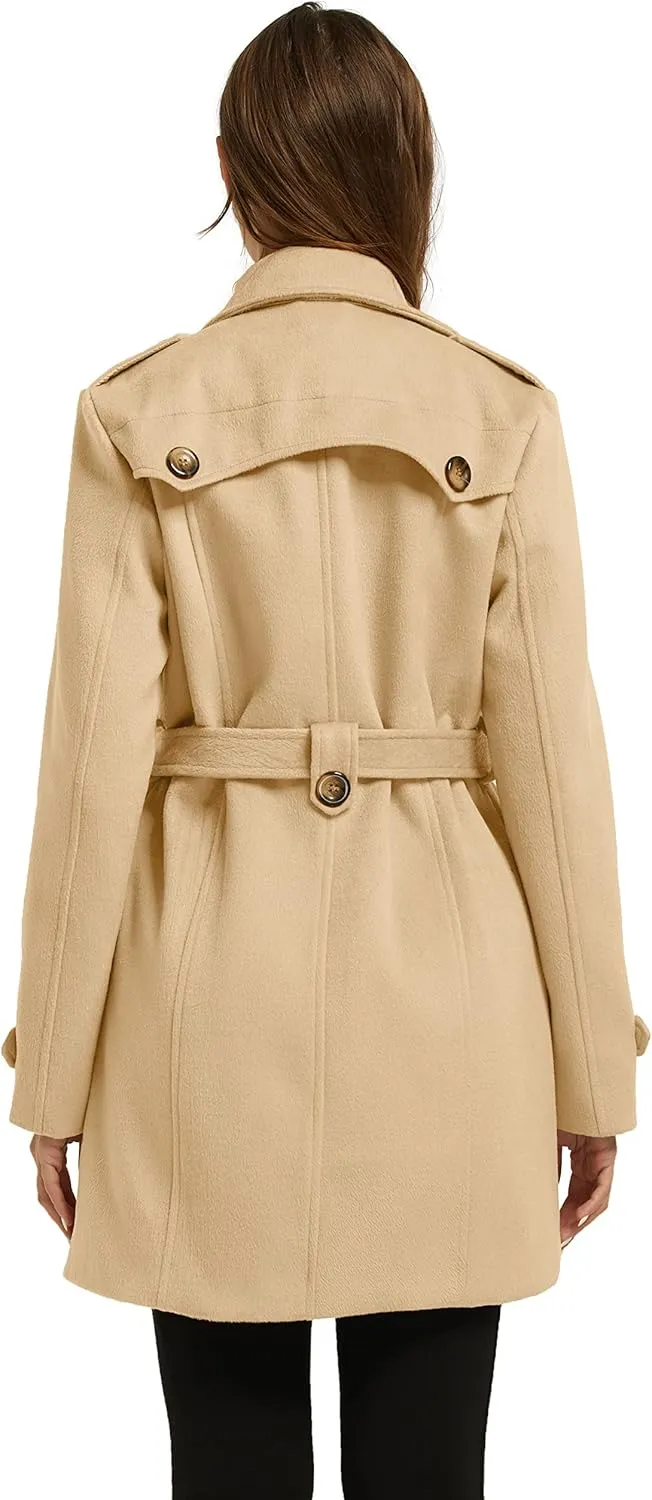 wantdo Women's Double Breasted Pea Coat Winter Mid-Long Trench Coat with Belt