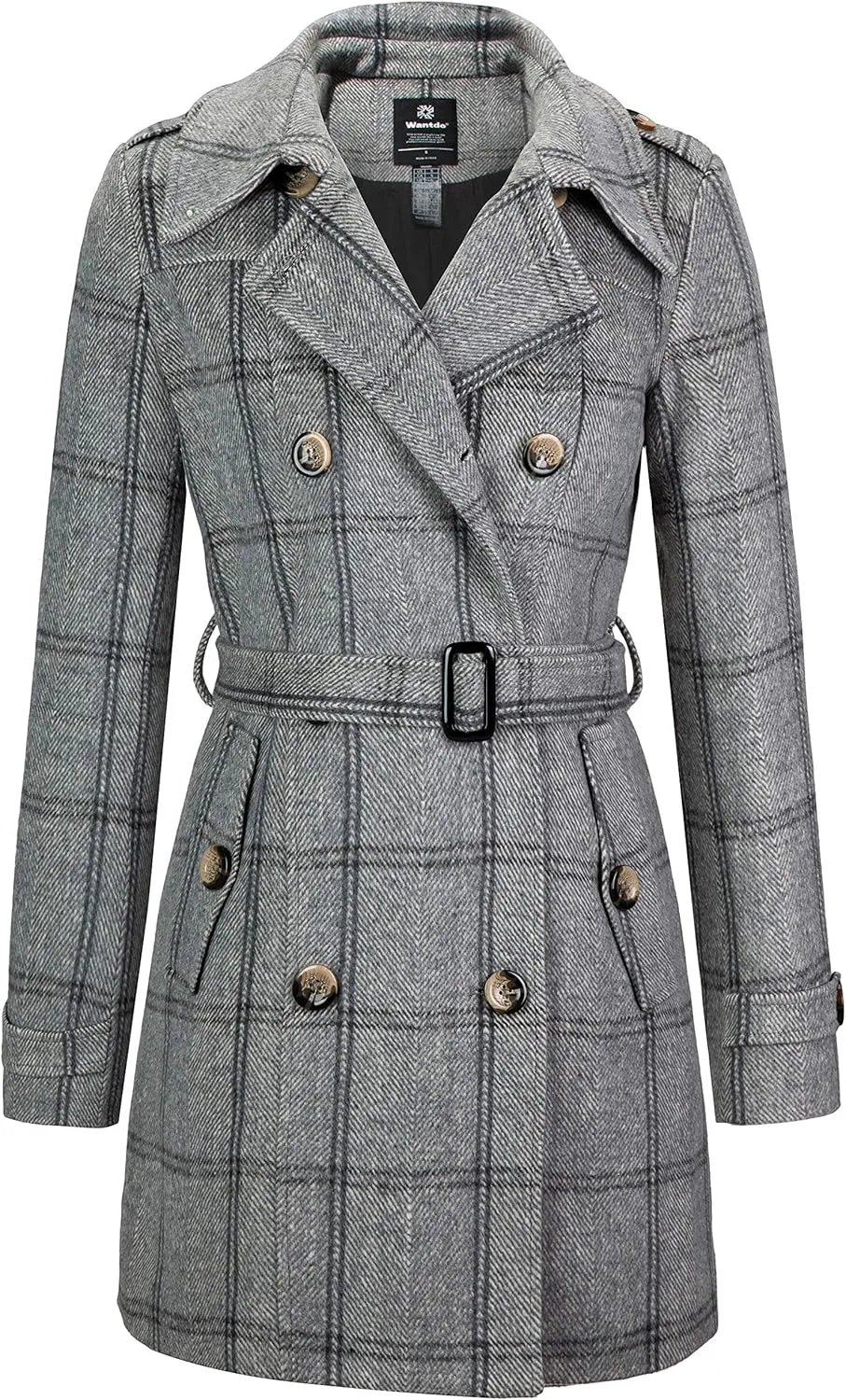 wantdo Women's Double Breasted Pea Coat Winter Mid-Long Trench Coat with Belt