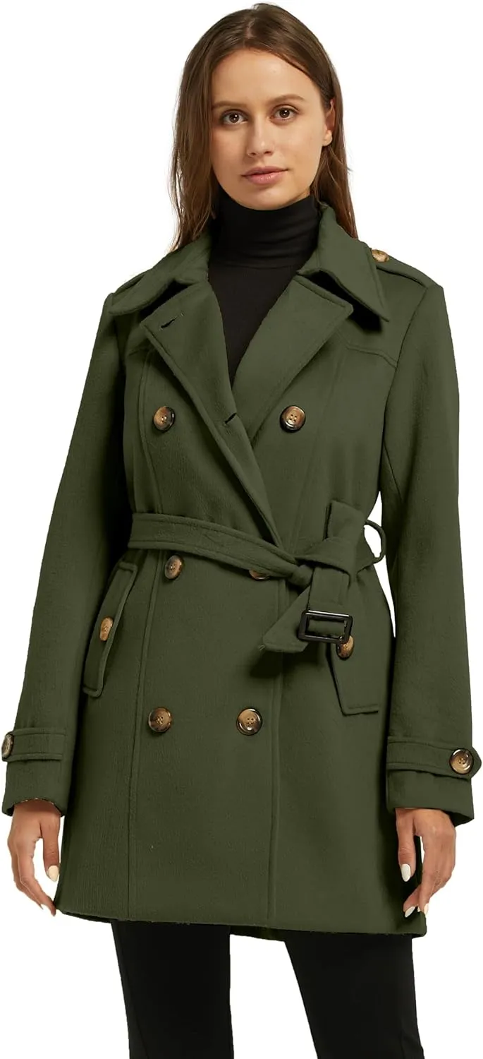 wantdo Women's Double Breasted Pea Coat Winter Mid-Long Trench Coat with Belt