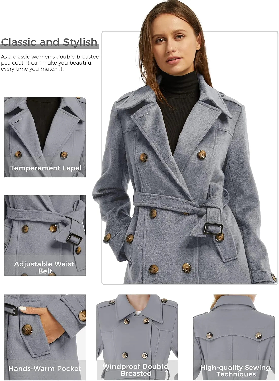 wantdo Women's Double Breasted Pea Coat Winter Mid-Long Trench Coat with Belt