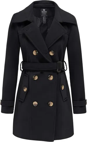 wantdo Women's Double Breasted Pea Coat Winter Mid-Long Trench Coat with Belt