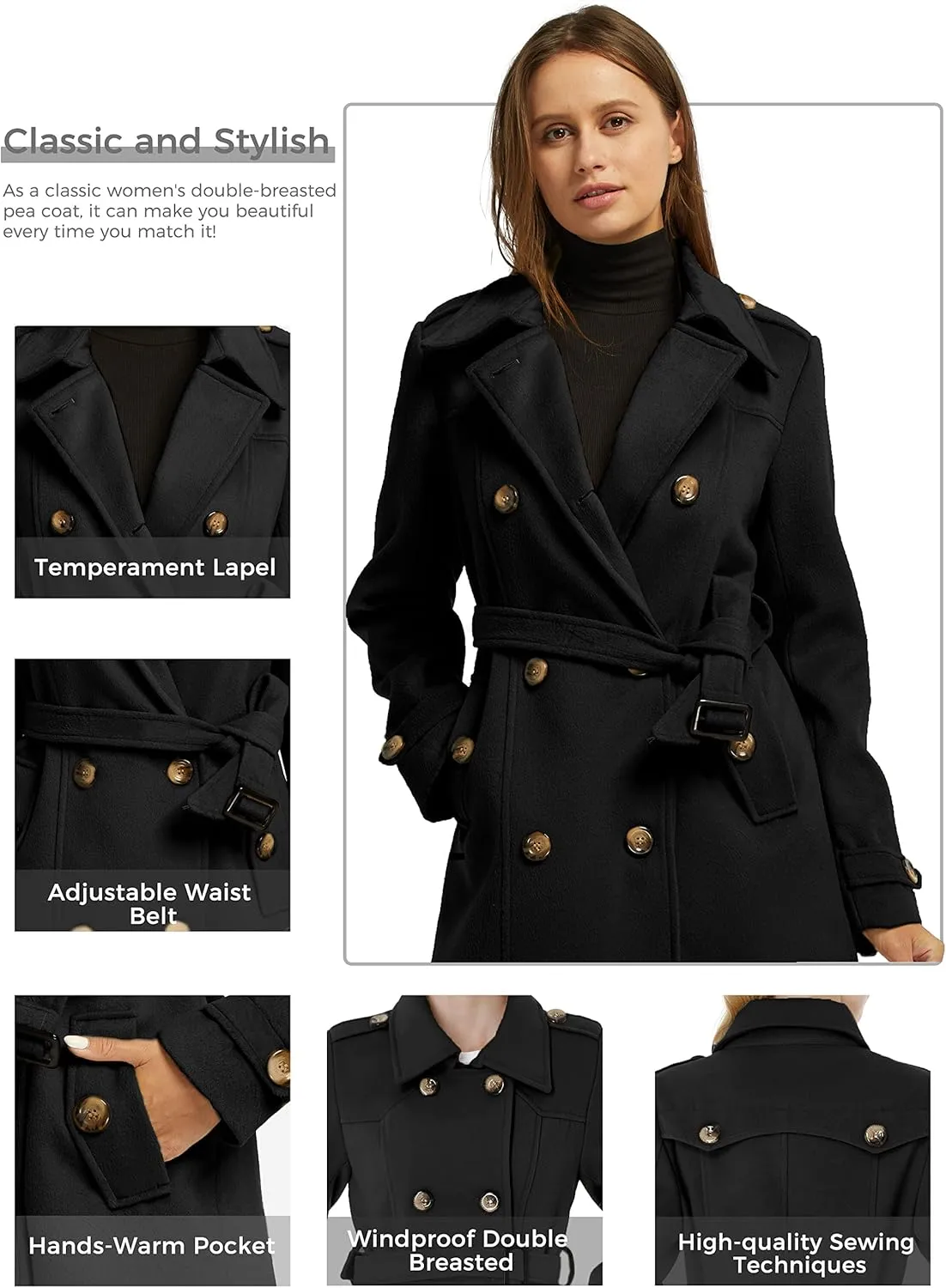 wantdo Women's Double Breasted Pea Coat Winter Mid-Long Trench Coat with Belt