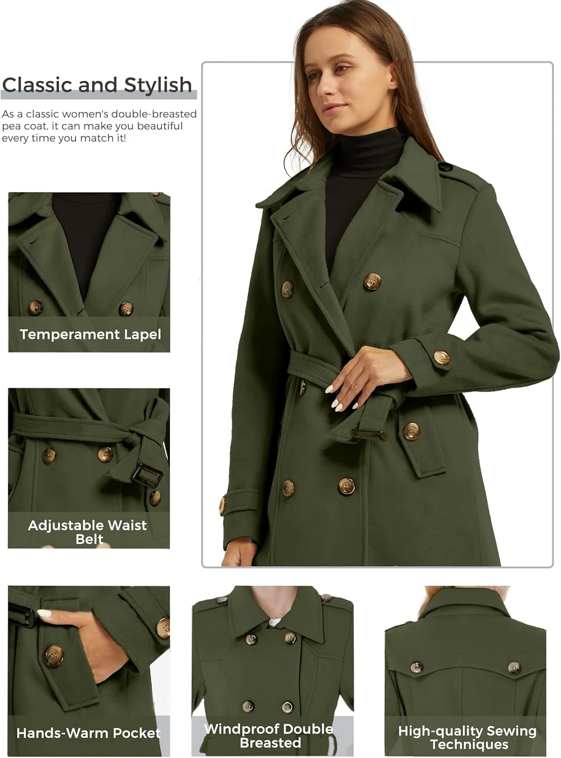 wantdo Women's Double Breasted Pea Coat Winter Mid-Long Trench Coat with Belt