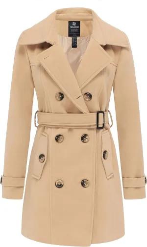 wantdo Women's Double Breasted Pea Coat Winter Mid-Long Trench Coat with Belt
