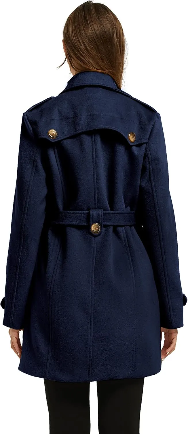 wantdo Women's Double Breasted Pea Coat Winter Mid-Long Trench Coat with Belt