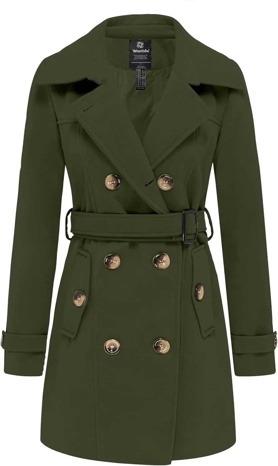 wantdo Women's Double Breasted Pea Coat Winter Mid-Long Trench Coat with Belt