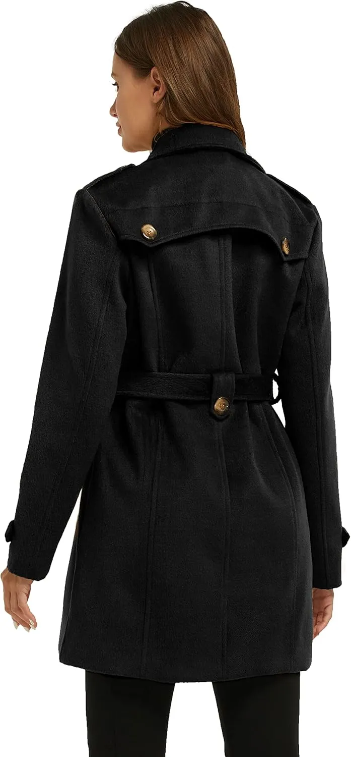 wantdo Women's Double Breasted Pea Coat Winter Mid-Long Trench Coat with Belt