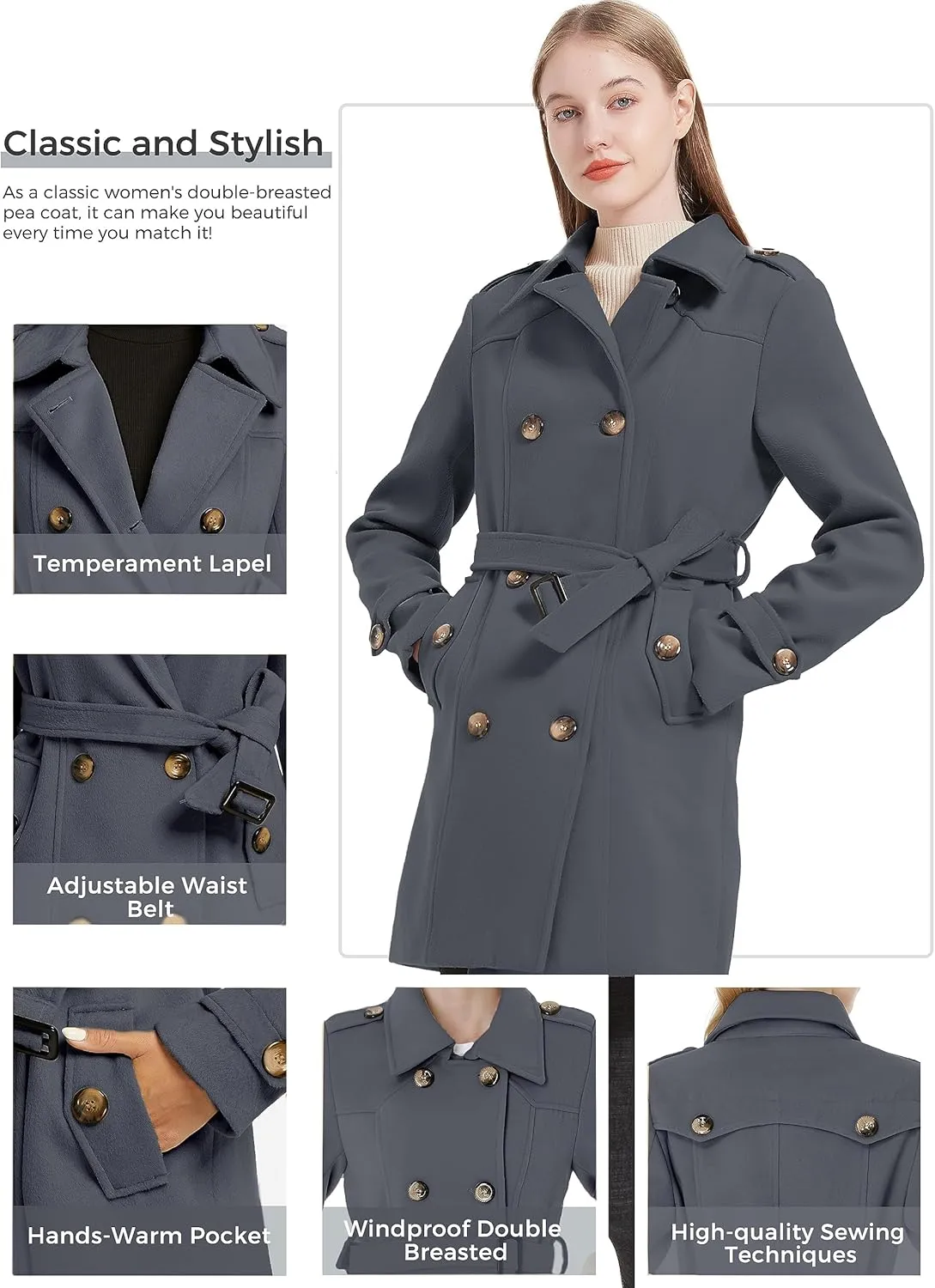 wantdo Women's Double Breasted Pea Coat Winter Mid-Long Trench Coat with Belt