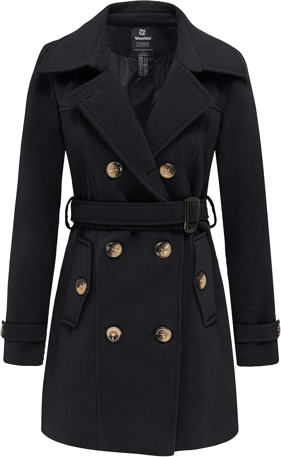 wantdo Women's Double Breasted Pea Coat Winter Mid-Long Trench Coat with Belt